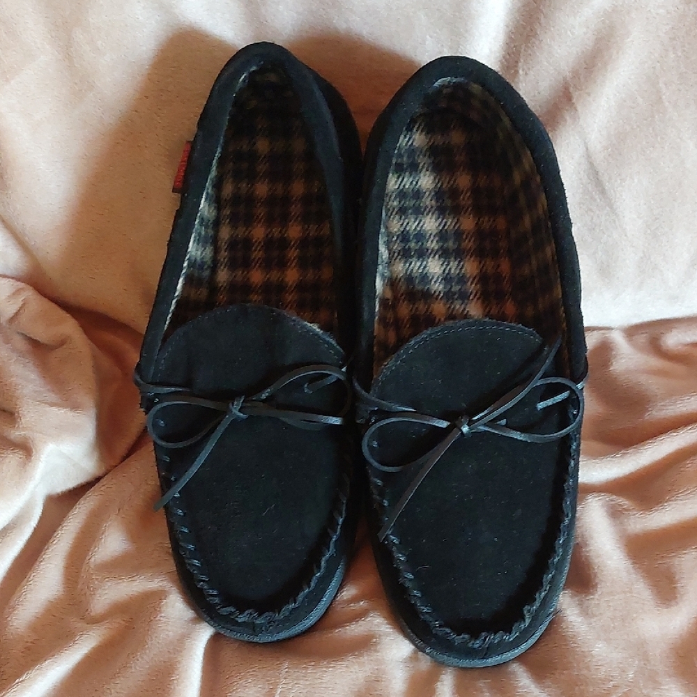 Black Suede Moccasin Loafers with Plaid Lining